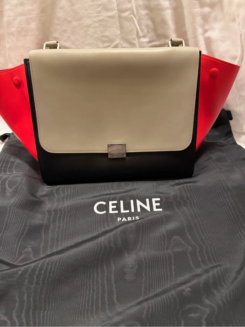 Celine  Tricolor Leather Satchel - Taupe, Black & Coral with dust bag